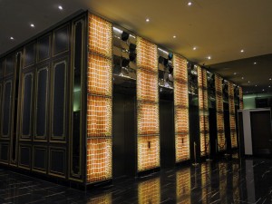 Dorsett Singapore hotel lift lobby with light panels illuminated by LED lights